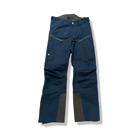 Blue Fjällräven men's ski trousers with zippers and leg reinforcements, front view against a white background.
