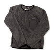Grey Patagonia women's fleece hoodie with zipper and chest pocket, front view against a white background.
