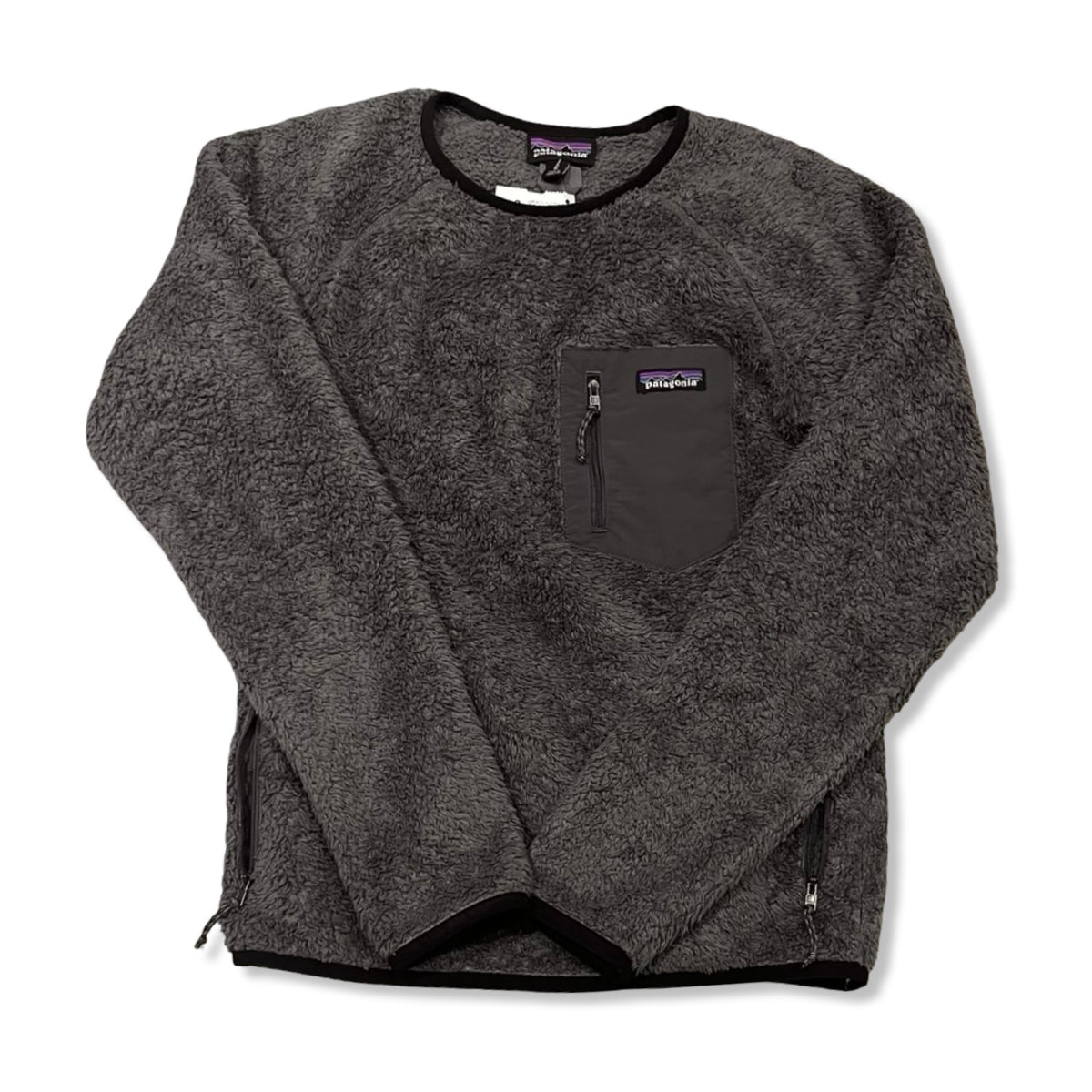 Grey Patagonia women's fleece hoodie with zipper and chest pocket, front view against a white background.