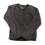 Grey Patagonia women's fleece hoodie with zipper and chest pocket, front view against a white background.