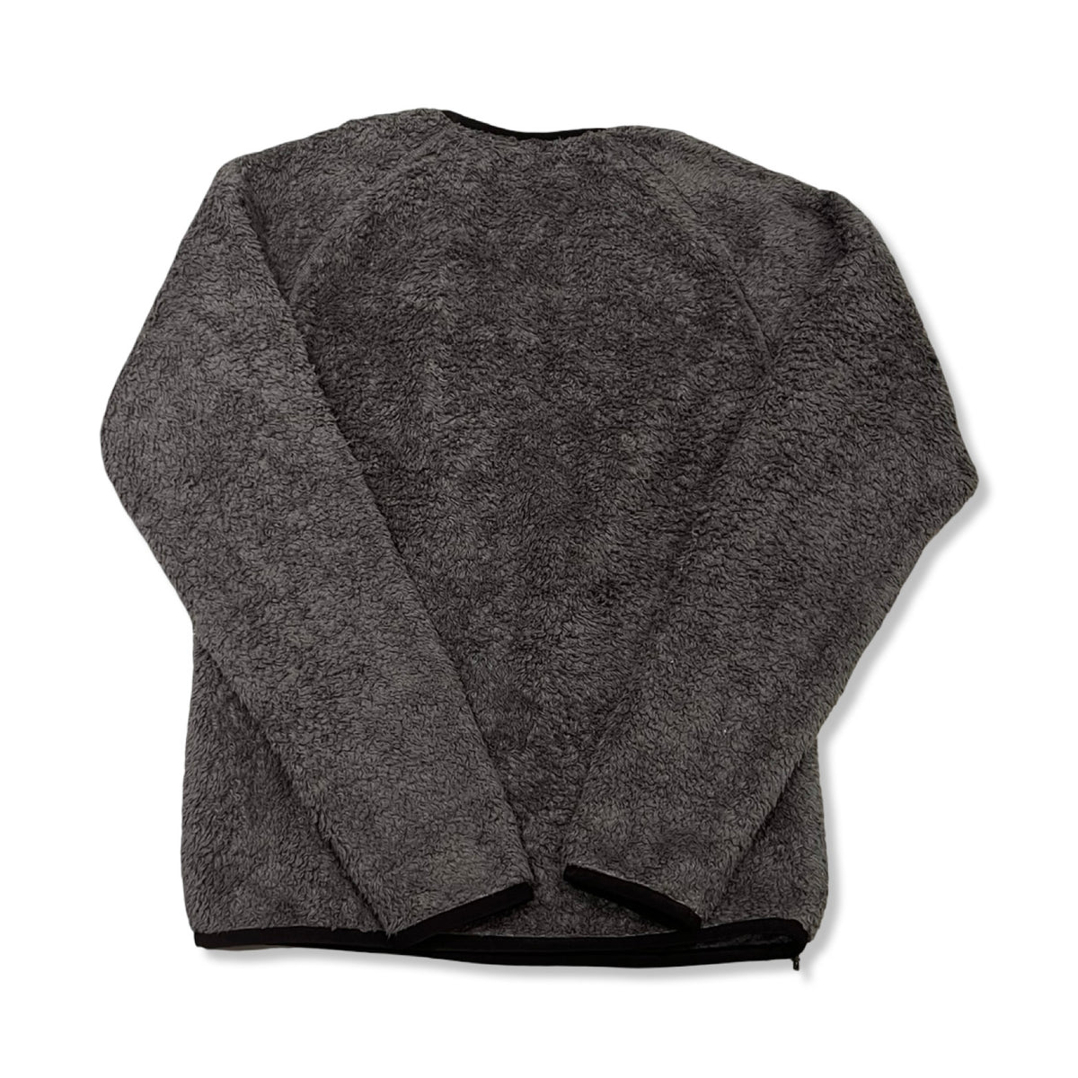 Back view of a grey Patagonia women's fleece hoodie against a white background.