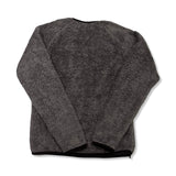 Back view of a grey Patagonia women's fleece hoodie against a white background.