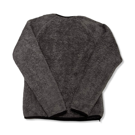Back view of a grey Patagonia women's fleece hoodie against a white background.