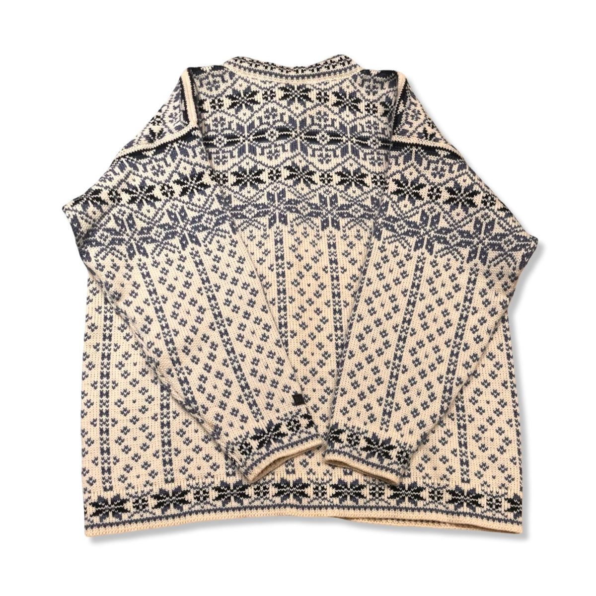 Back view of a white and blue Dale of Norway women's traditional sweater against a white background.