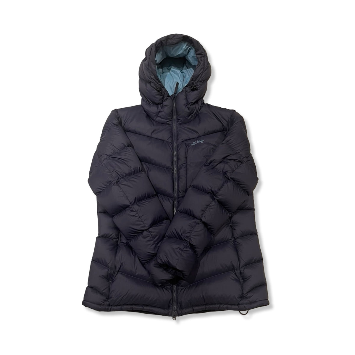 Dark blue hooded down jacket from Lundhags for women, photographed from the front against a white background.