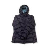 Dark blue hooded down jacket from Lundhags for women, photographed from the front against a white background.