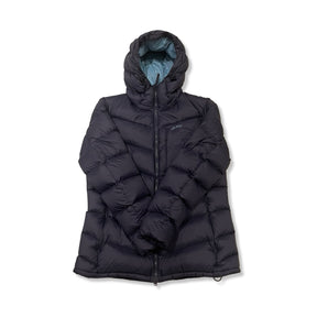 Dark blue hooded down jacket from Lundhags for women, photographed from the front against a white background.