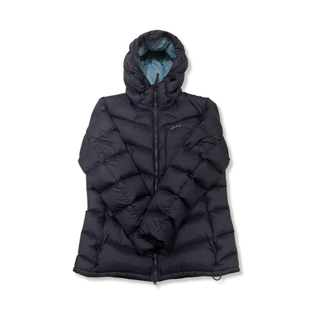 Dark blue hooded down jacket from Lundhags for women, photographed from the front against a white background.