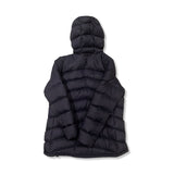 Back view of a dark blue Lundhags Fulu Down Hooded women's down jacket against a white background.