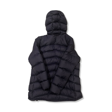Back view of a dark blue Lundhags Fulu Down Hooded women's down jacket against a white background.