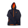 Dark blue The North Face softshell jacket with orange details and a hood, front view against a white background.