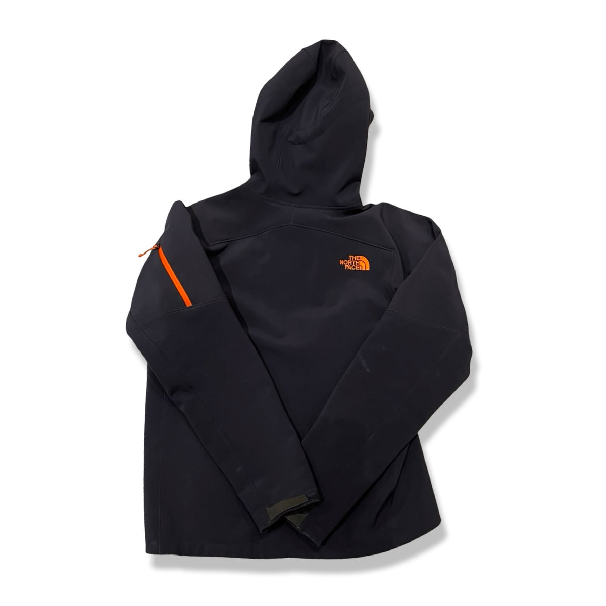 Back view of a dark blue The North Face men's softshell jacket with a hood, photographed against a white background.