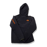 Back view of a dark blue The North Face men's softshell jacket with a hood, photographed against a white background.
