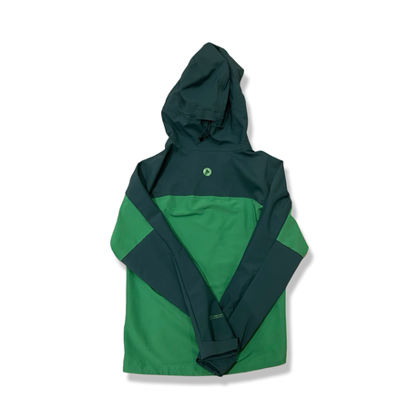 Back view of a green Marmot Rom GTX Infinium hooded softshell jacket against a white background.