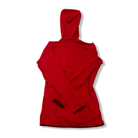 Back view of a pink Haglöfs Limber Hood fleece hoodie in size S against a white background.