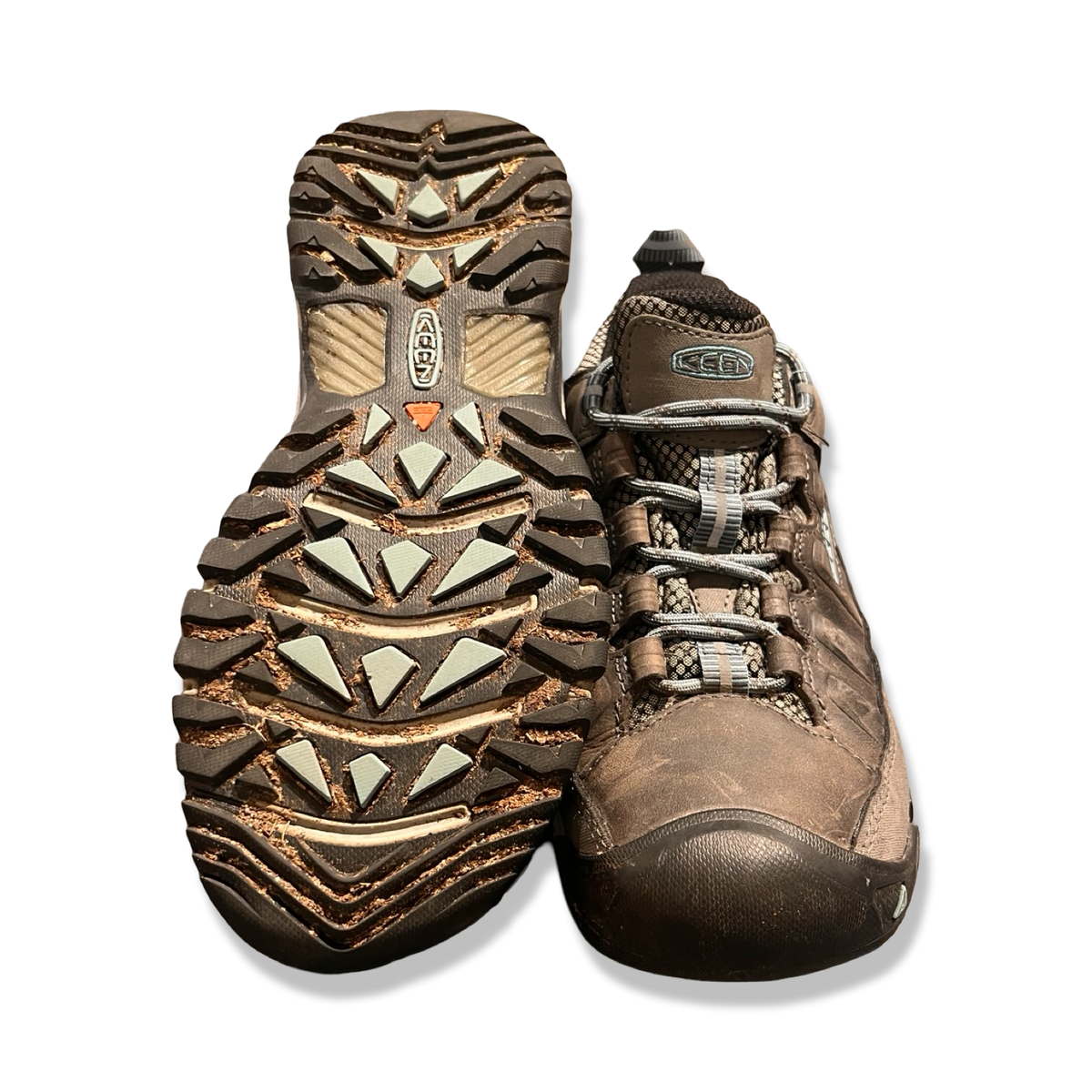 Grey Keen Targhee 3 women's hiking shoes, showing patterned outsole and upper from the front against a white background.