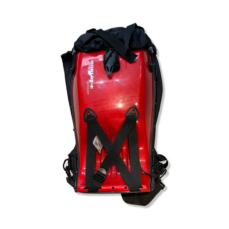 Red Boblbee GT 25L hardshell backpack with built-in back protector, front view against a white background.