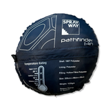 Dark blue Sprayway Pathfinder 130 sleeping bag in its storage bag with technical specs and temperature scale.