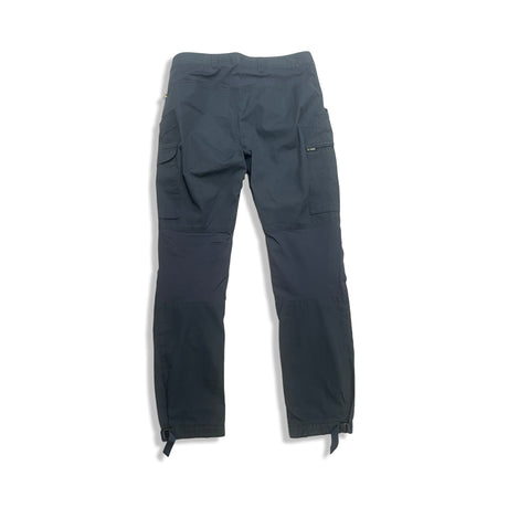 Dark Fjällräven hiking trousers with pockets, back view against a white background.