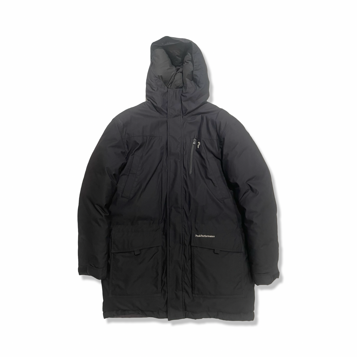 Black hooded down jacket from Peak Performance for men with pockets, front view against a white background.
