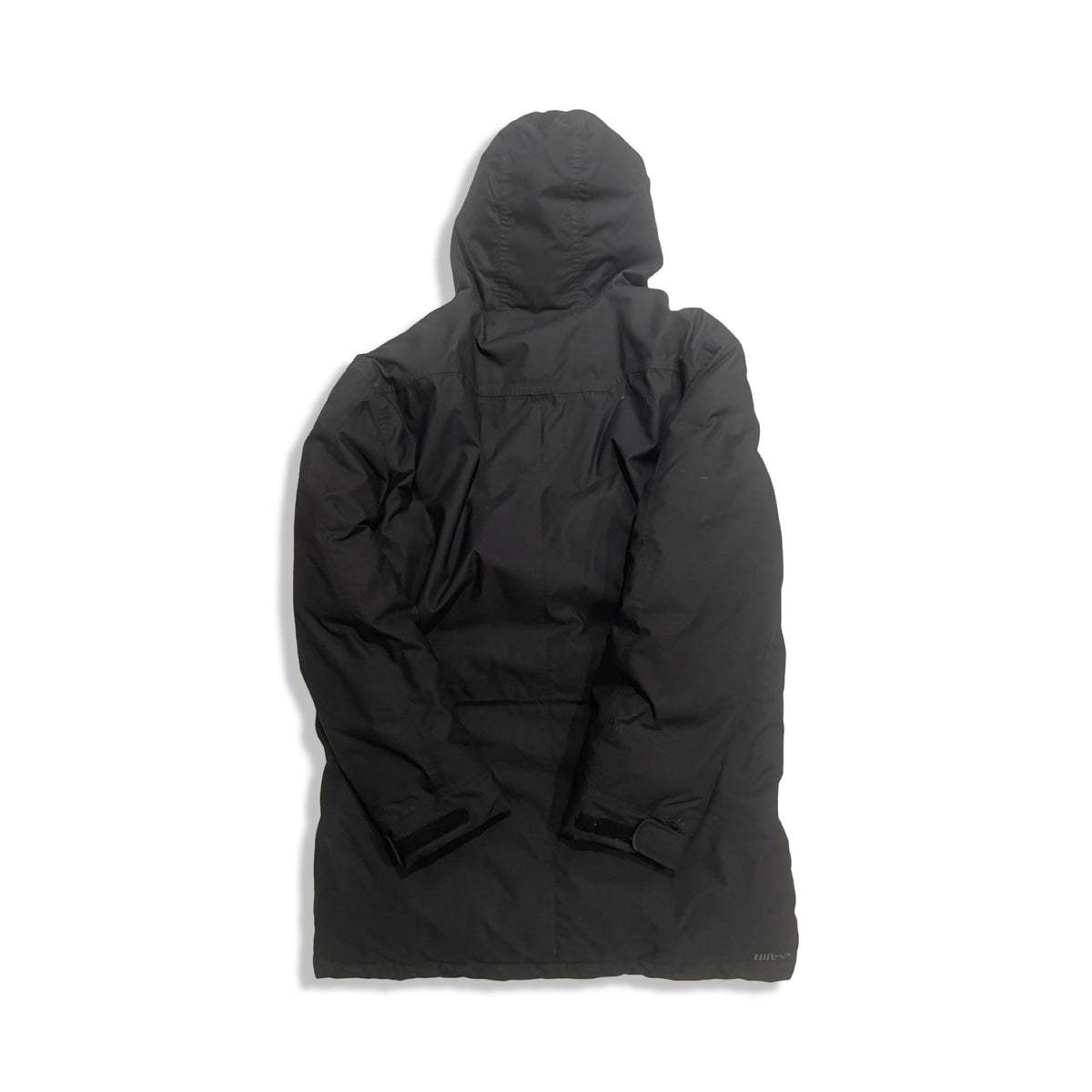 Back view of a black Peak Performance men's hooded down jacket against a white background.