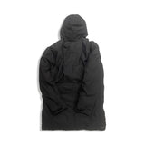 Back view of a black Peak Performance men's hooded down jacket against a white background.