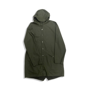 Green Rains men's hooded raincoat, front view against a white background.