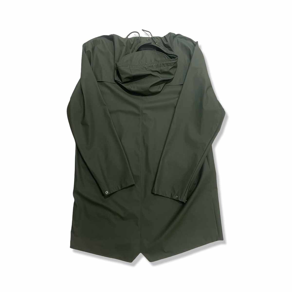 Back view of a green Rains men's rain jacket against a white background.