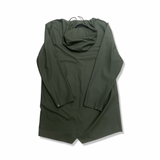 Back view of a green Rains men's rain jacket against a white background.