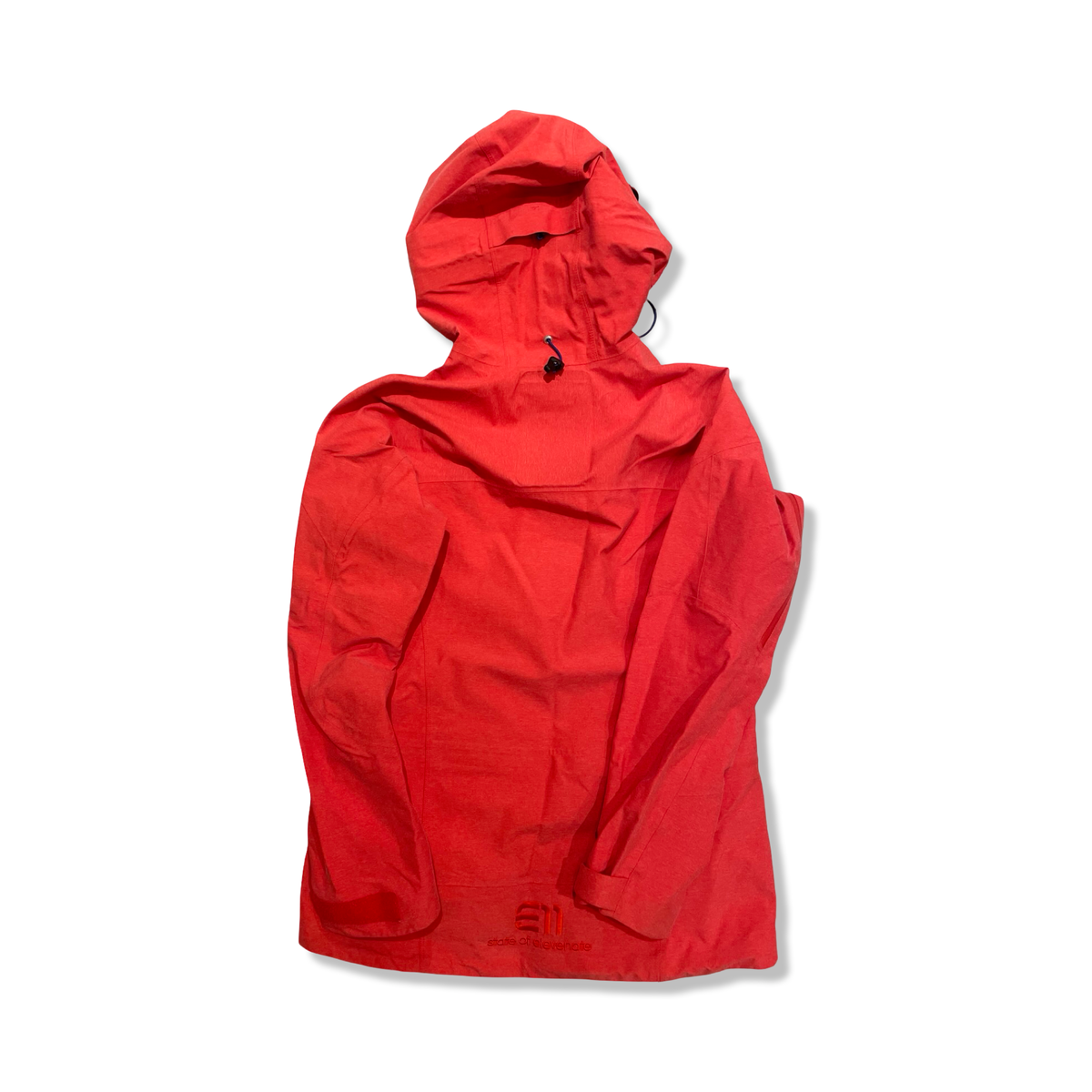 Back view of a red Elevenate women's hooded shell jacket against a white background.