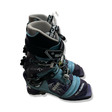 Blue and purple Scarpa T2 Eco unisex ski boots, side view against a white background.