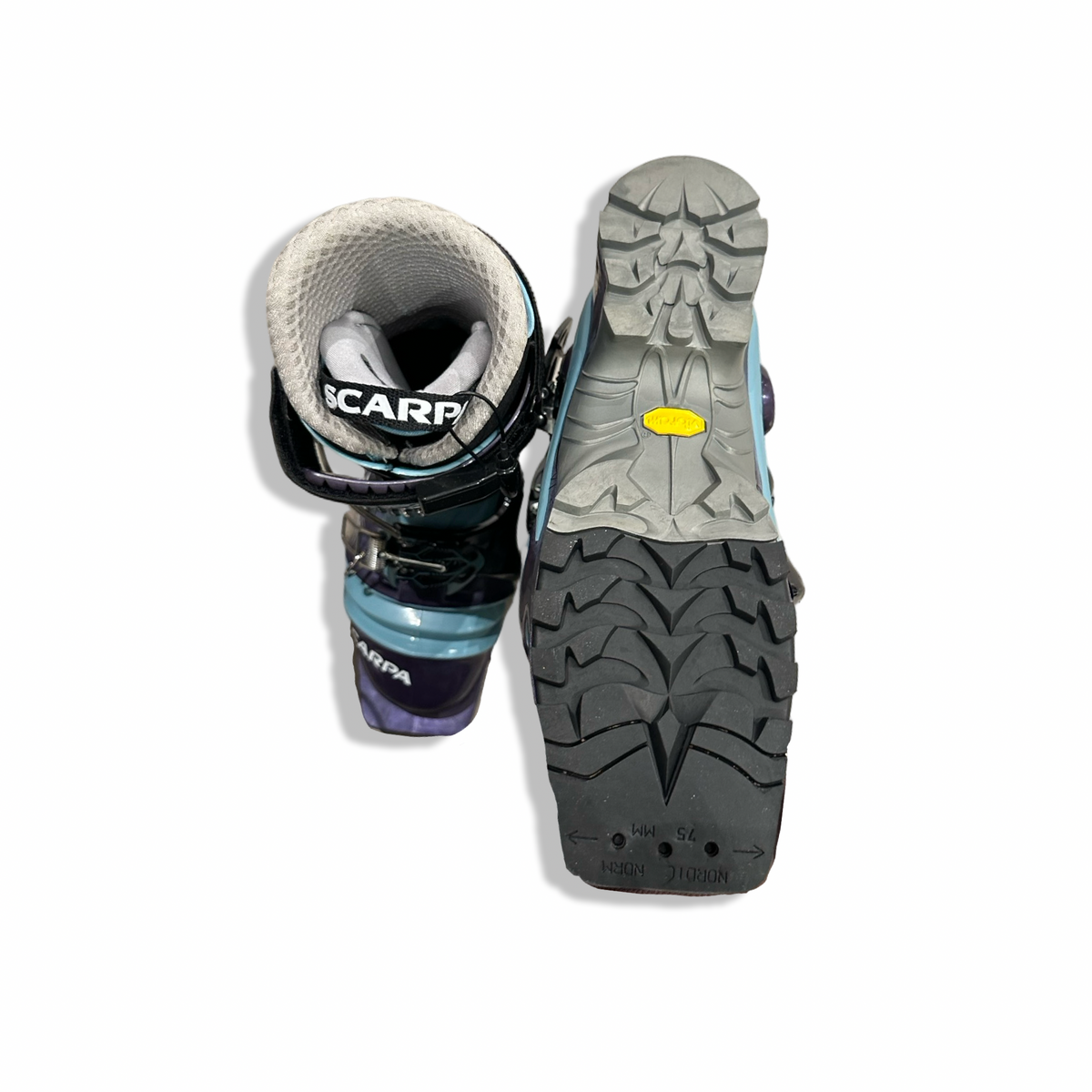 Blue Scarpa T2 Eco unisex ski boots seen from above with the sole visible against a white background.