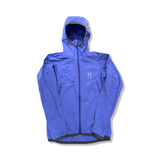 Purple Haglöfs women's hooded softshell jacket, front view against a white background.