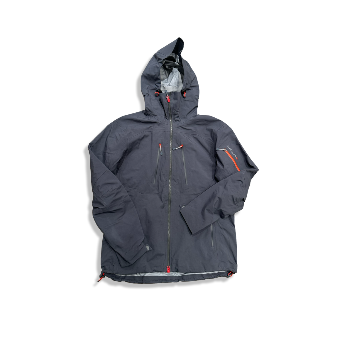 Grey Stellar Equipment men's hooded shell jacket with zipper, front view against a white background.