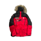 Red and black Ralph Lauren RLX parka with a hood and fur trim, front view against a white background.