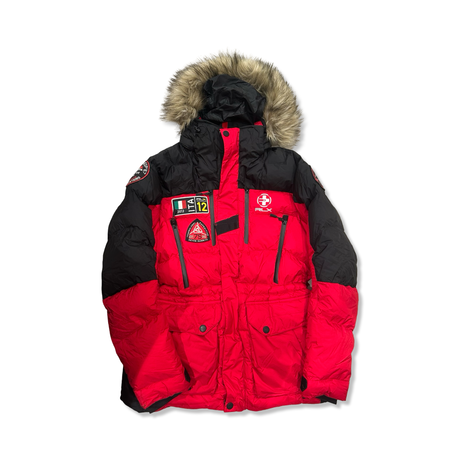 Red and black Ralph Lauren RLX parka with a hood and fur trim, front view against a white background.