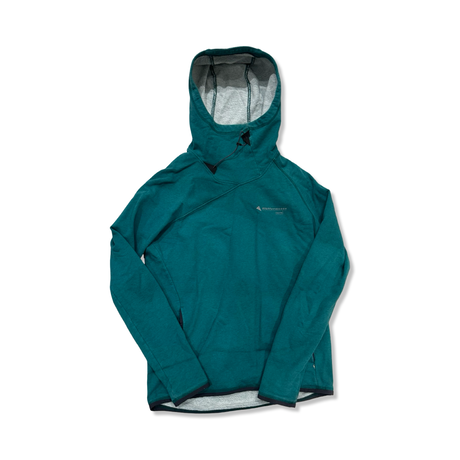 Green Klättermusen hoodie with asymmetric front zipper, photographed against a white background.