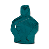 Back view of a green Klättermusen hoodie against a white background.