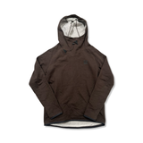 Brown Klättermusen men's hoodie with an asymmetrical collar, front view against a white background.