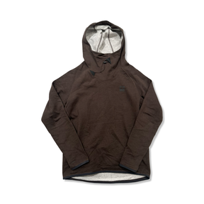 Brown Klättermusen men's hoodie with an asymmetrical collar, front view against a white background.
