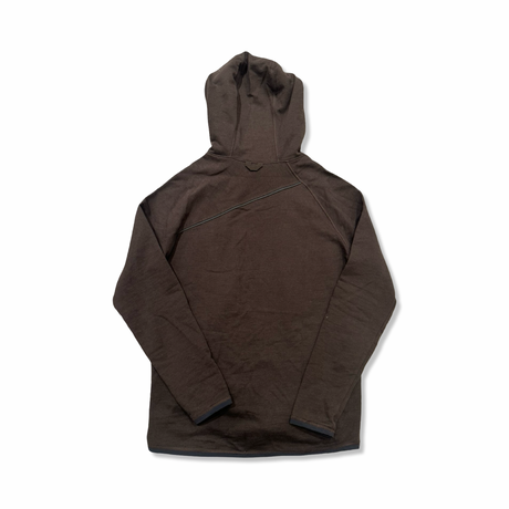 Back view of a brown Klättermusen men's hoodie against a white background.