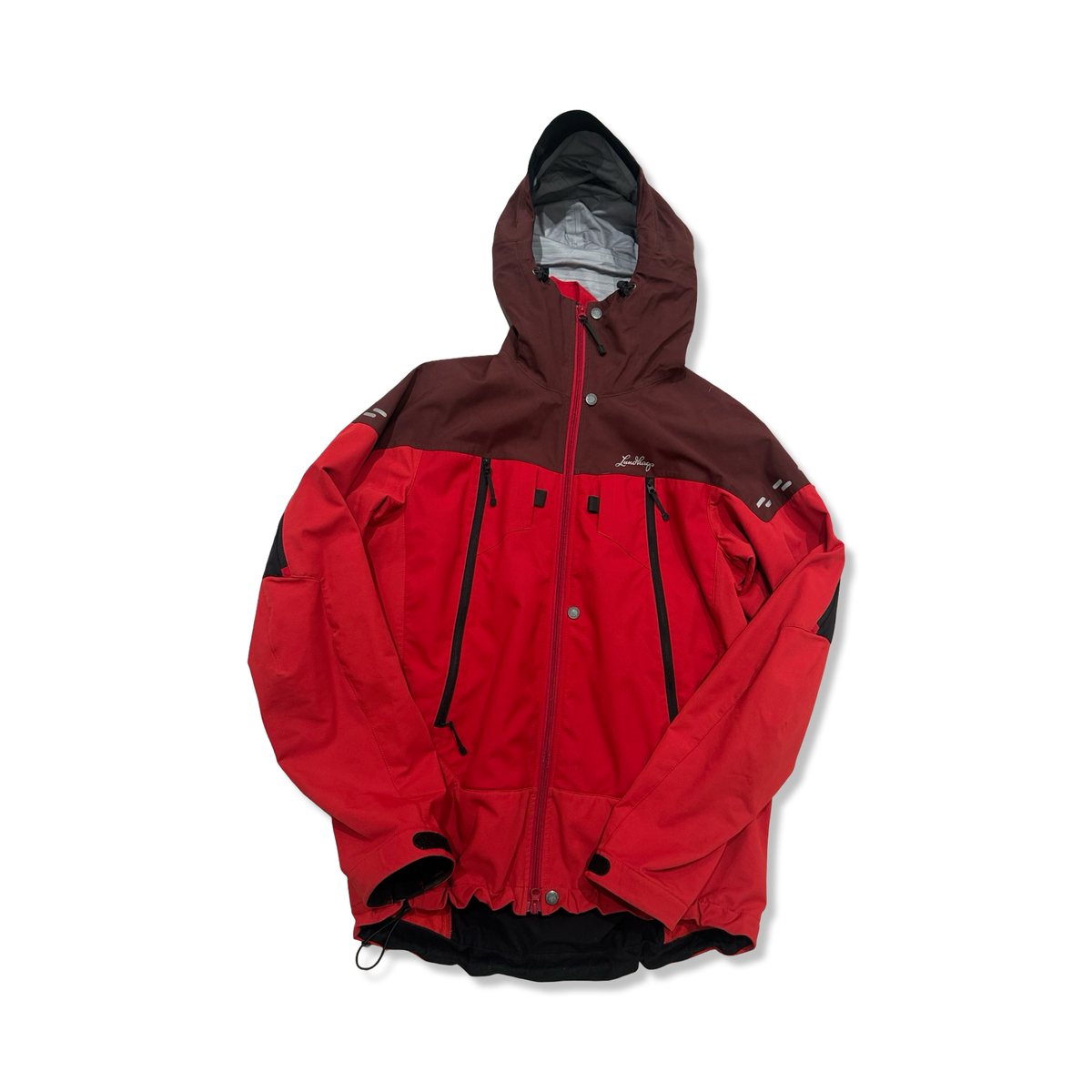 Red and dark red Lundhags men's hooded windstopper jacket, front view against a white background.