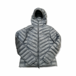 Blue Skhoop women's down jacket with hood, front view against a white background.