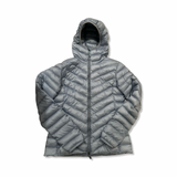 Blue Skhoop women's down jacket with hood, front view against a white background.