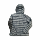 Back view of a blue Skhoop women's down jacket against a white background.