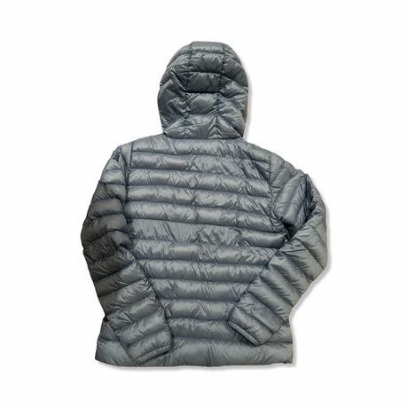 Back view of a blue Skhoop women's down jacket against a white background.