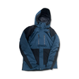 Blue and black The North Face men's hooded ski jacket, front view against a white background.