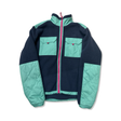 Blue The North Face men's fleece jacket with turquoise details and pink zipper, front view against a white background.