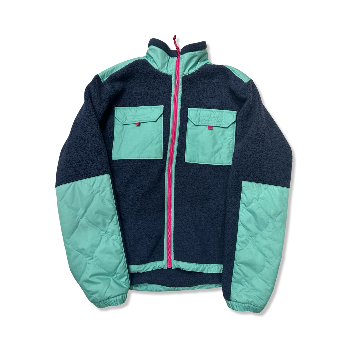Blue The North Face men's fleece jacket with turquoise details and pink zipper, front view against a white background.