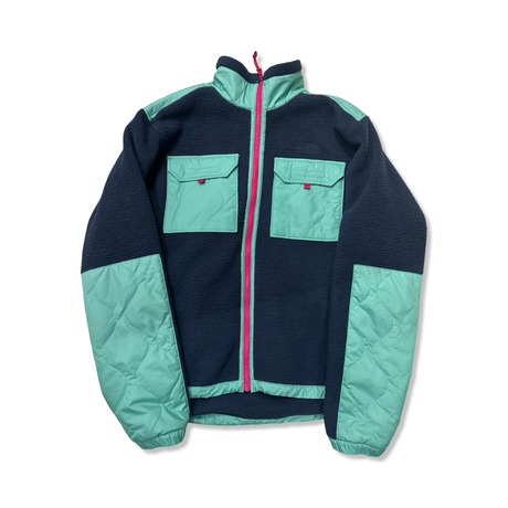 Blue The North Face men's fleece jacket with turquoise details and pink zipper, front view against a white background.
